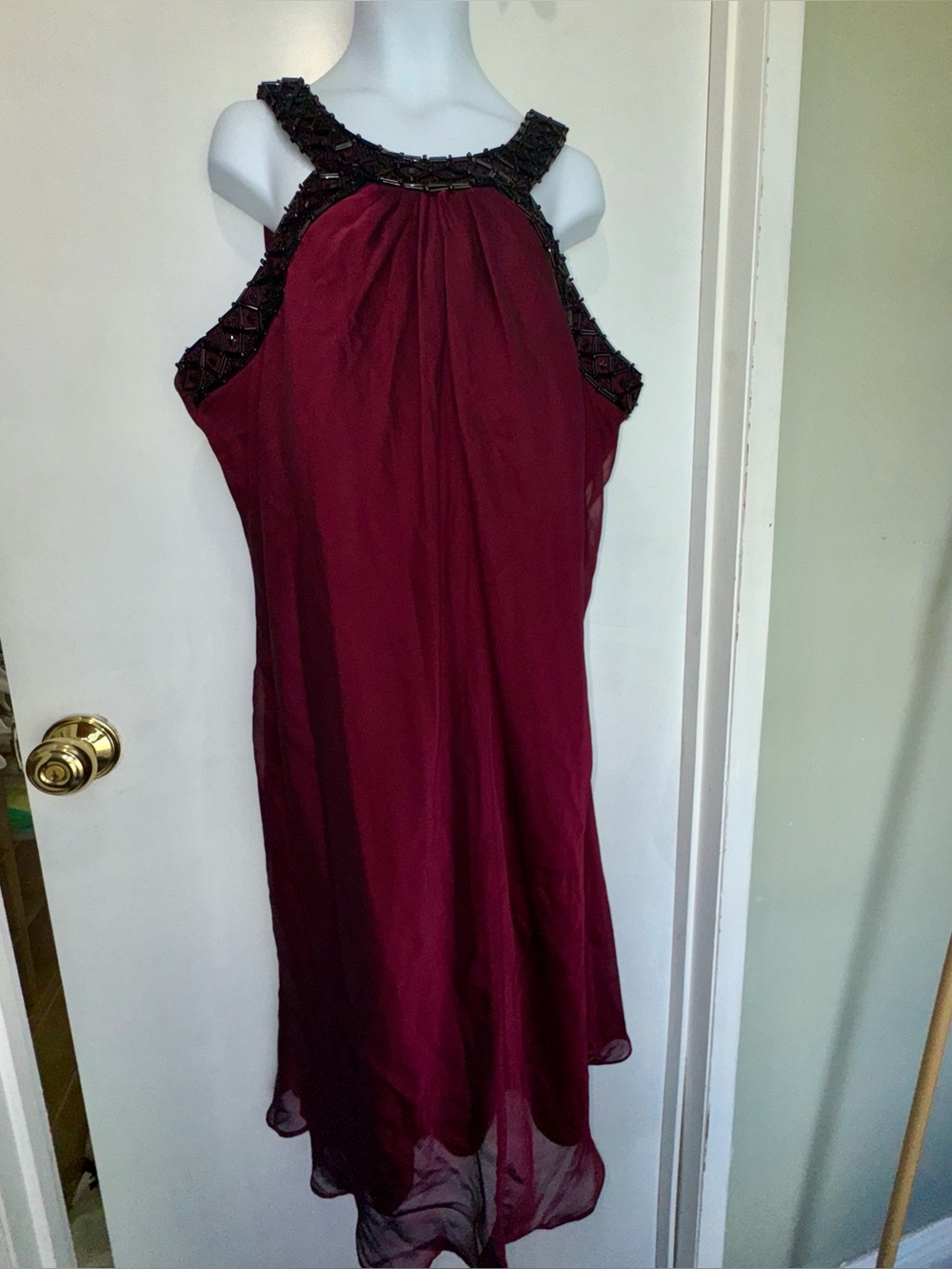 Vintage Scarlett Burgundy Sleeveless Evening Dress with Beaded Neckline